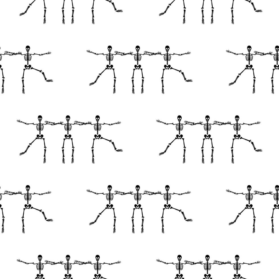 Black skeletons in various poses pattern. Halloween design. Perfect for fall, holidays, fabric, textile. Seamless repeat swatch. vector