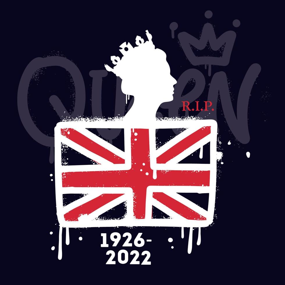 The queen's rest in peace poster in urban graffiti style. Queen's head pofile Hand drawn vector illustration for poster, banner design.