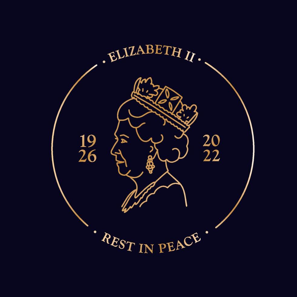 Round golden emblem - crowned head profile with text Rest in peace. Elegant minimalistic poster 1926-2022. Linear vector illustration