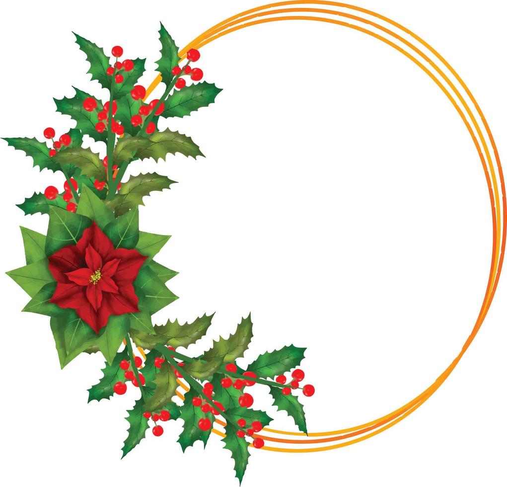 Christmas Wreath Flower Frame vector Illustration with colorful poinsettia flowers.Golden round frame with flowers. Elements of design of holiday postcards, posters, banners.Wedding ornament concept.