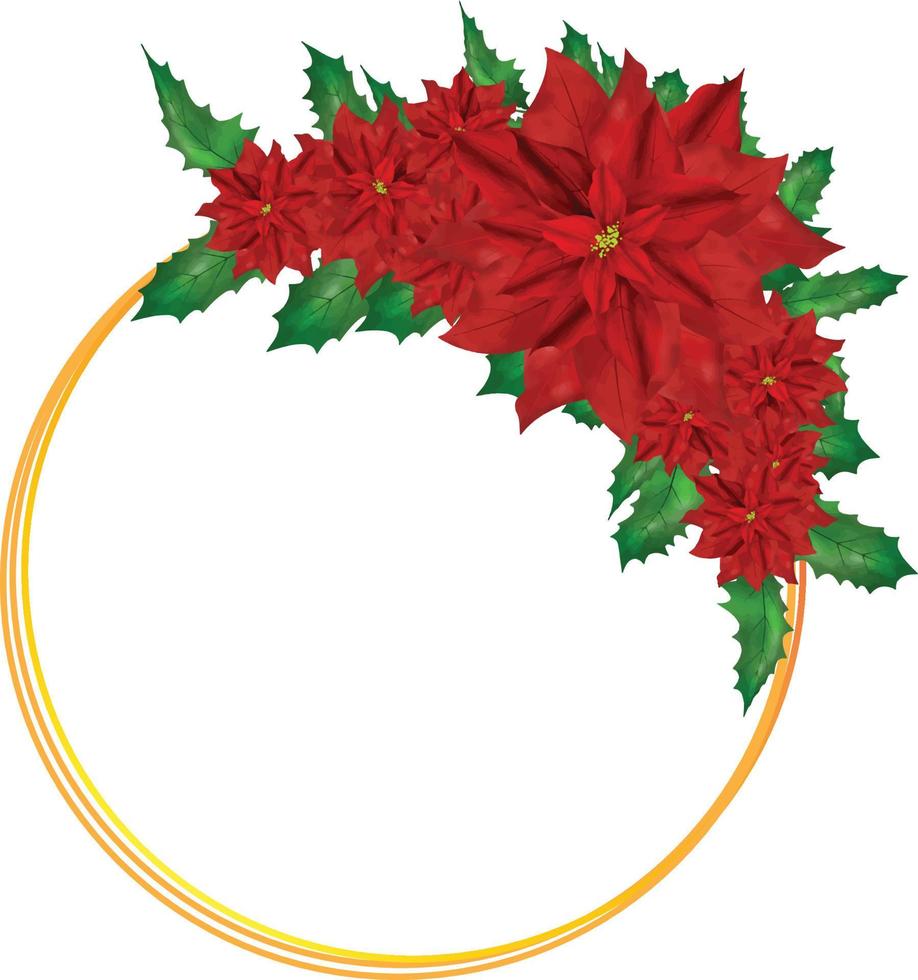 ilustración de vector de marco de flor de corona de navidad con flores de nochebuena de colores. marco redondo dorado con flores. elementos de diseño de postales navideñas, carteles, pancartas. concepto de adorno de boda.