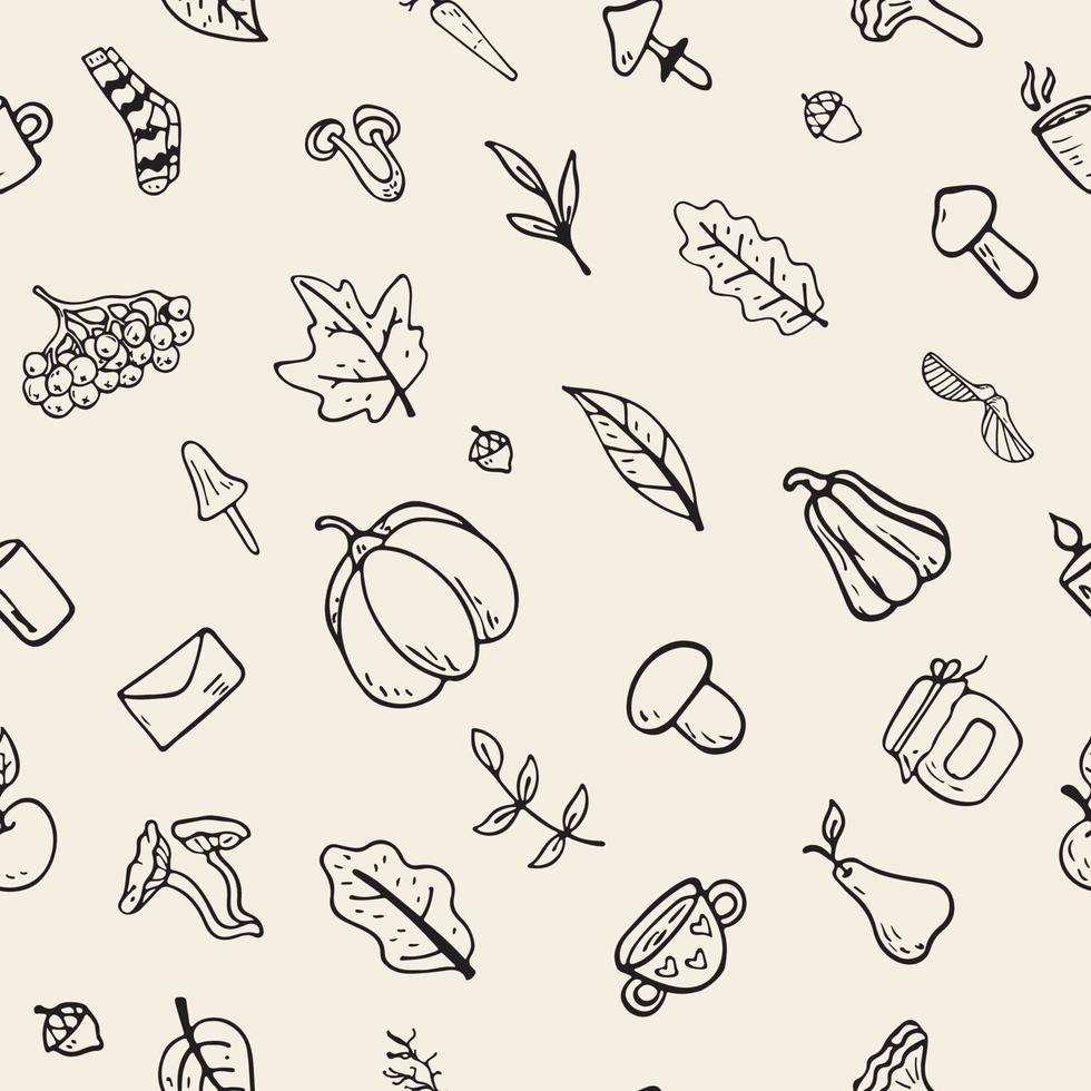 Vector flat illustration seamless pattern on an autumn theme mushrooms, vegetables, leaves, cute attributes. Doodle objects are cut out.