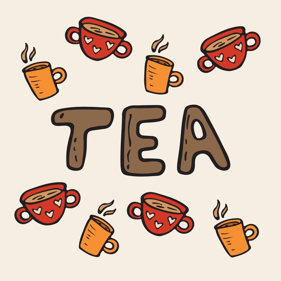 Vector flat illustration tea time with cups of tea and coffee. Doodle objects are cut out.