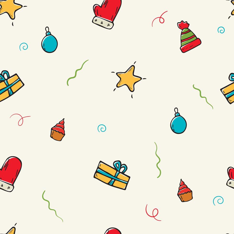 Vector cartoon flat illustration. Seamless pattern with Christmas doodle icons. New year decorations background.