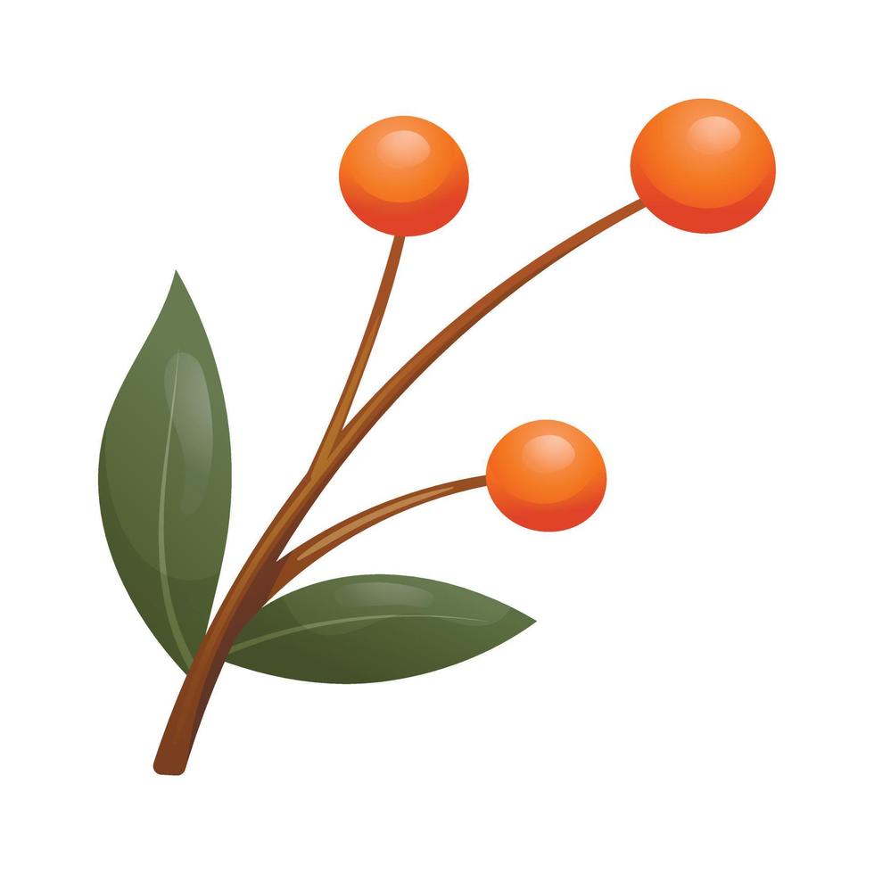 Vector isolated twig with leaves and red autumn rowan or lingonberry.