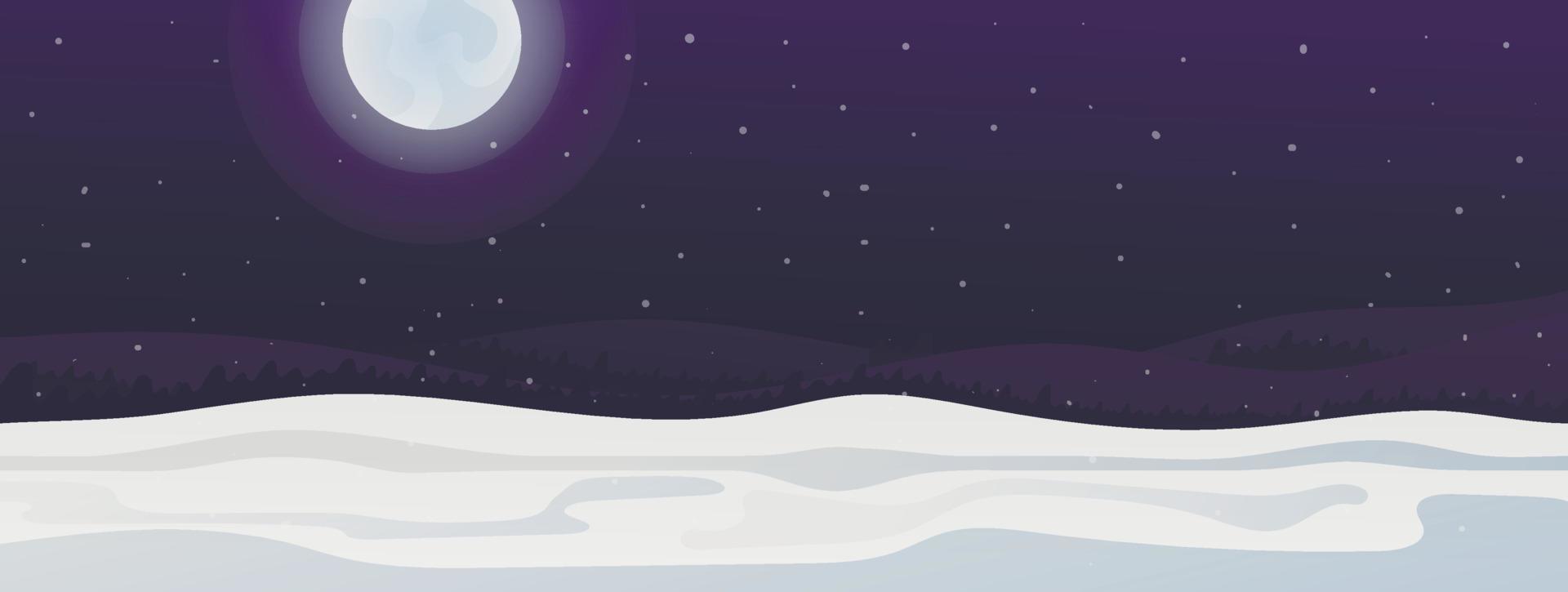 Vector winter night landscape with snowfall. Hills with snowdrifts, starry sky and moon.