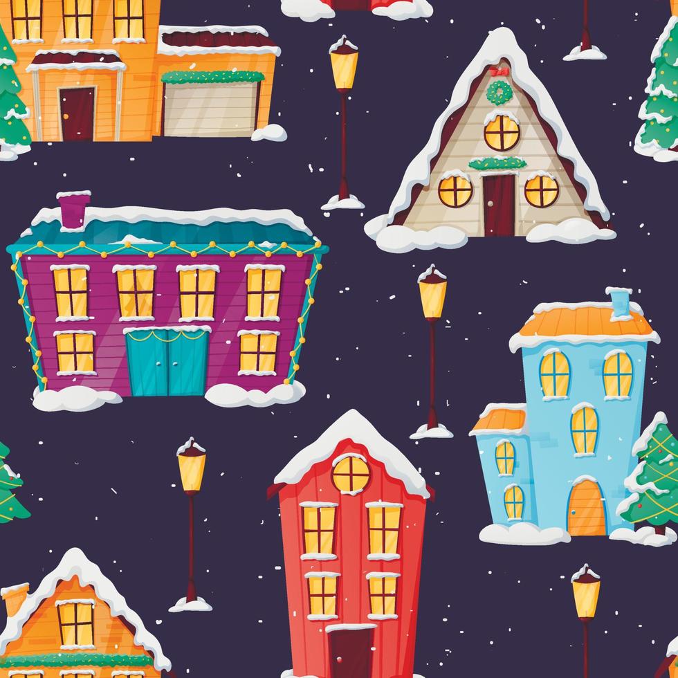 Vector Christmas seamless pattern. Winter holiday decorated cartoon houses with snow and drifts.