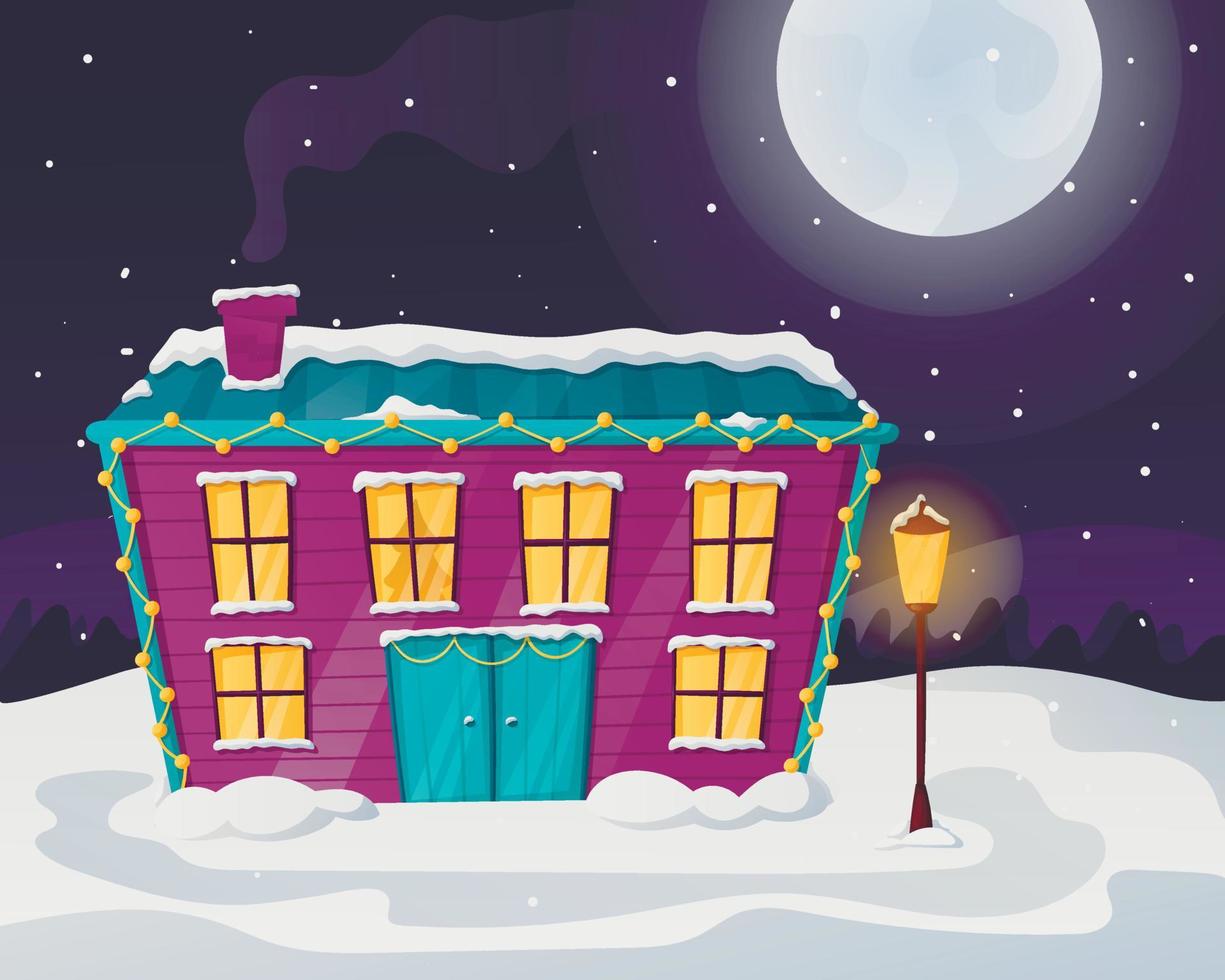 noche navidad paisaje invernal con luna y nevadas. una casa acogedora con luz en las ventanas, llena de nieve y ventisqueros. vector