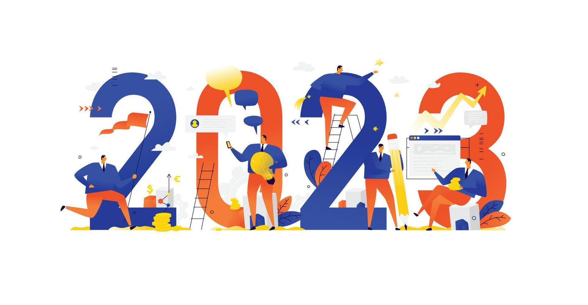 Office staff are preparing to meet the new year 2023. Vector illustration. Cartoon characters repair the numbers. Image is isolated on white background. Flat illustration for banner and site.