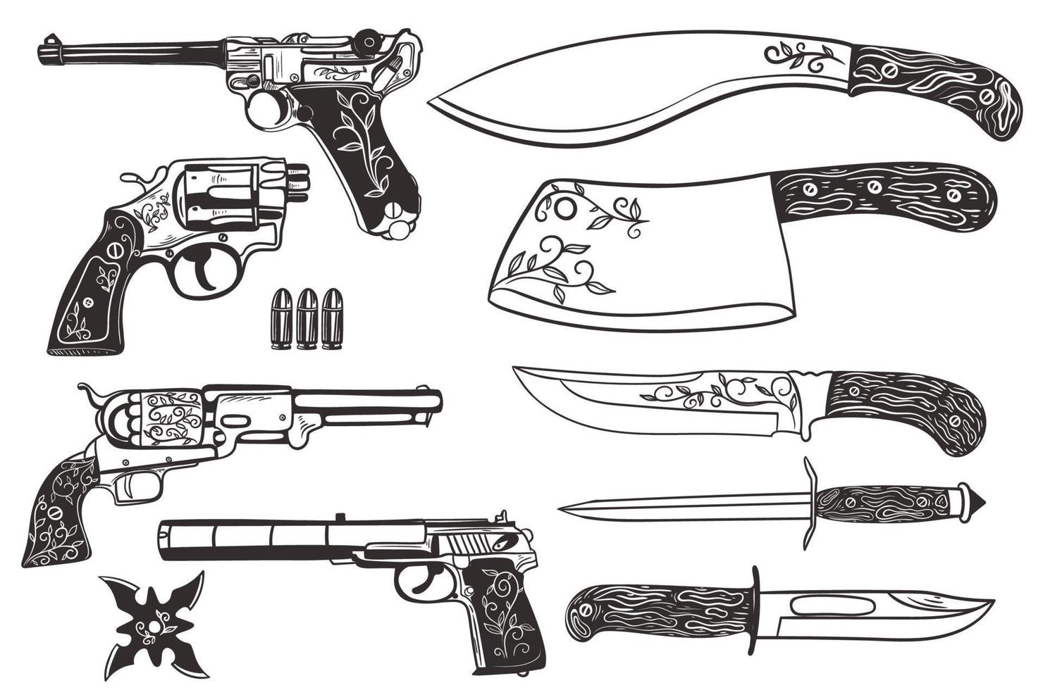 Set of knives and pistols isolated on a white background. Vector graphics.