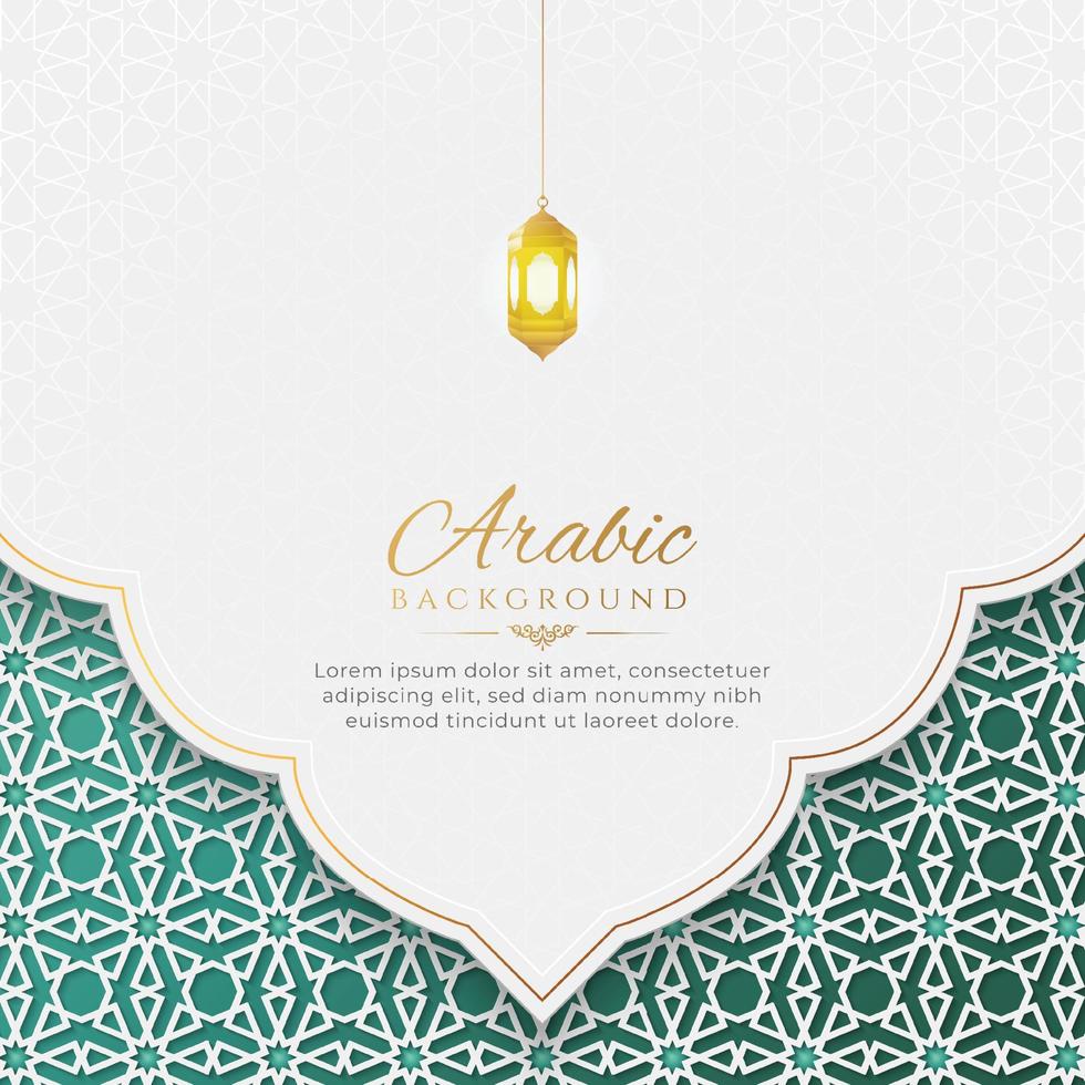 Arabic Islamic Elegant White and Green Luxury Ornamental Background with Arabic Pattern and Decorative Arch Frame vector