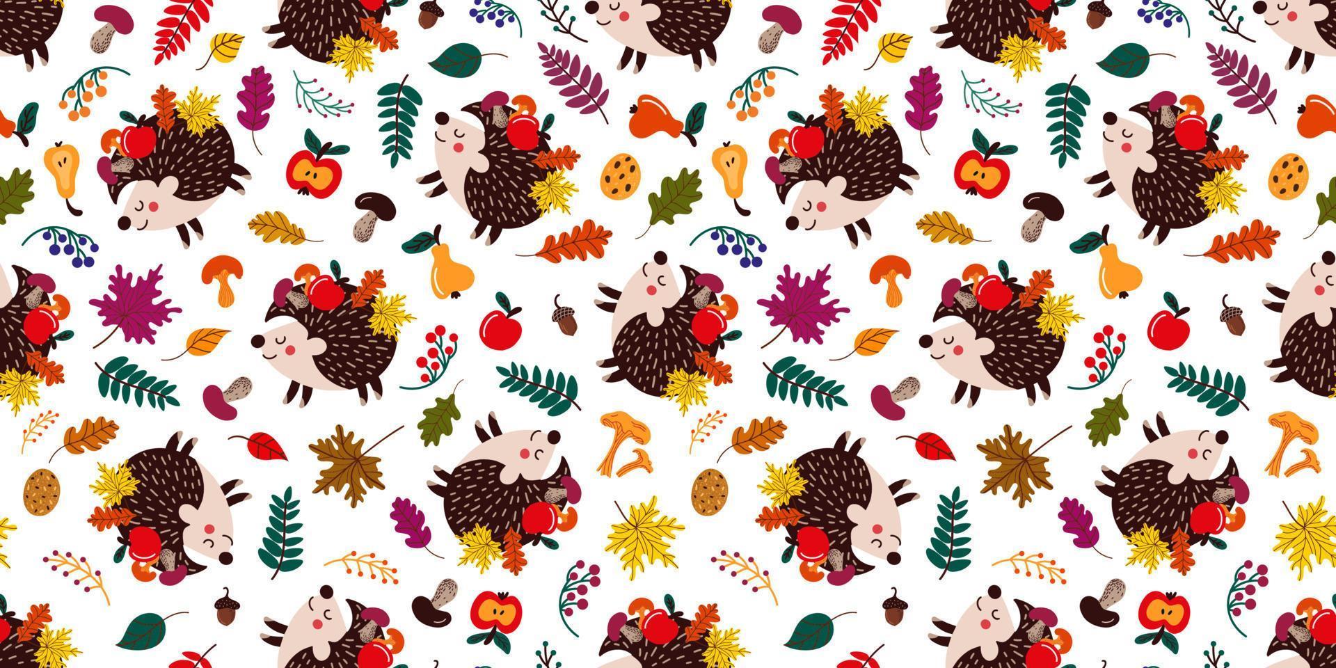 Background of cute cartoon hedgehogs among autumn leaves and fruits with mushrooms vector