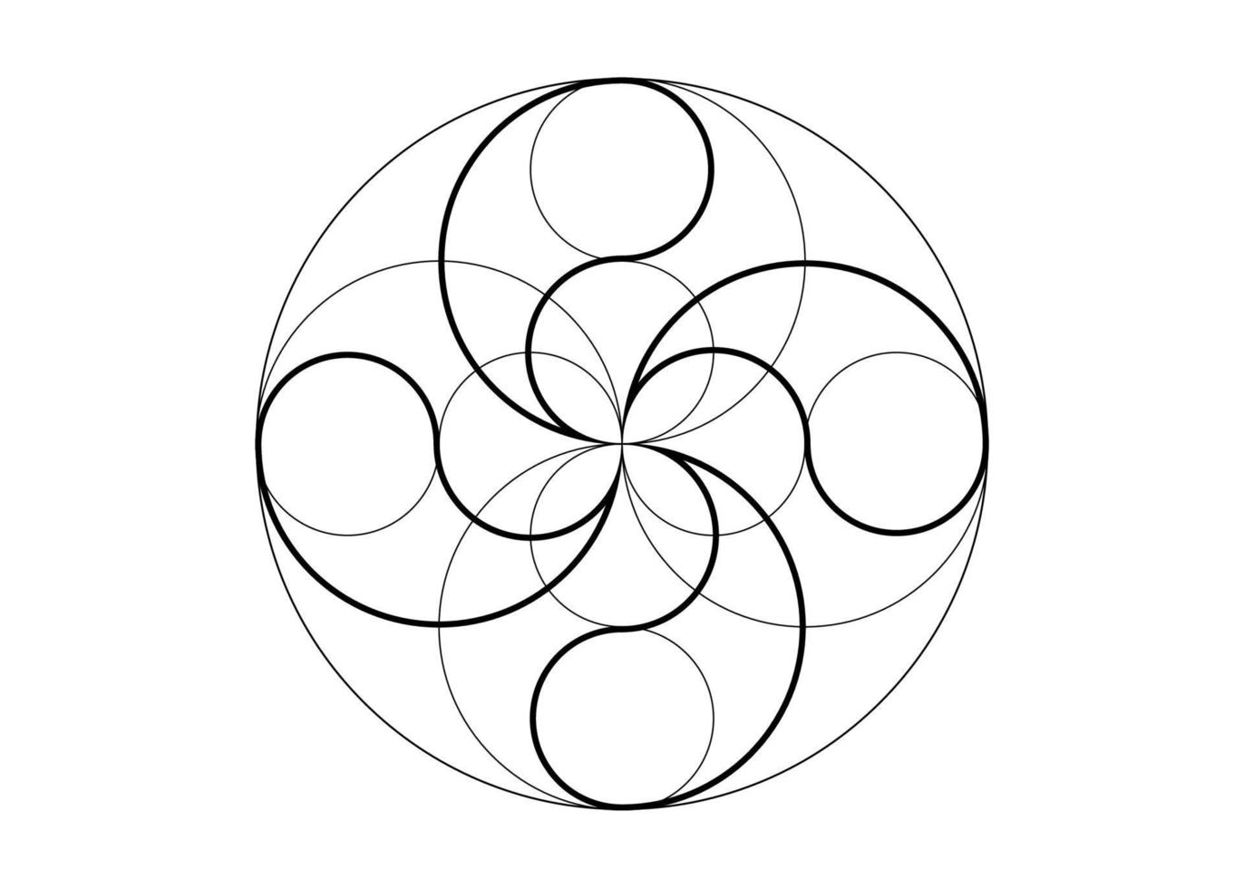 flor mística de la fortuna, icono de trébol de cuatro hojas, geometría sagrada, tatuaje de logotipo redondo en estilo de arte de línea negra, intersección geométrica de círculos, ilustración vectorial aislada en fondo blanco vector
