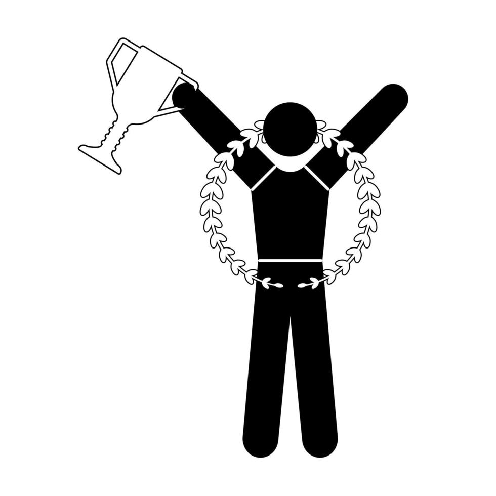 Human icon with Laurel wreath holds a trophy. Winner champion symbol. Vector illustration