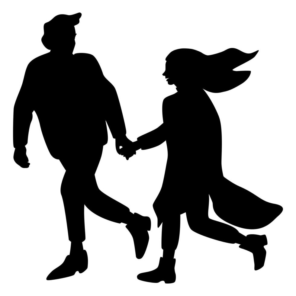 Silhouettes of man and woman running together, holding hands. Romantic couple having a casual date outdoors. vector