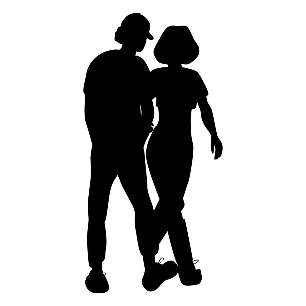 siluetas de pareja caminando. ilustración completa de un hombre y una mujer paseando juntos por la calle. concepto de cita informal. vector