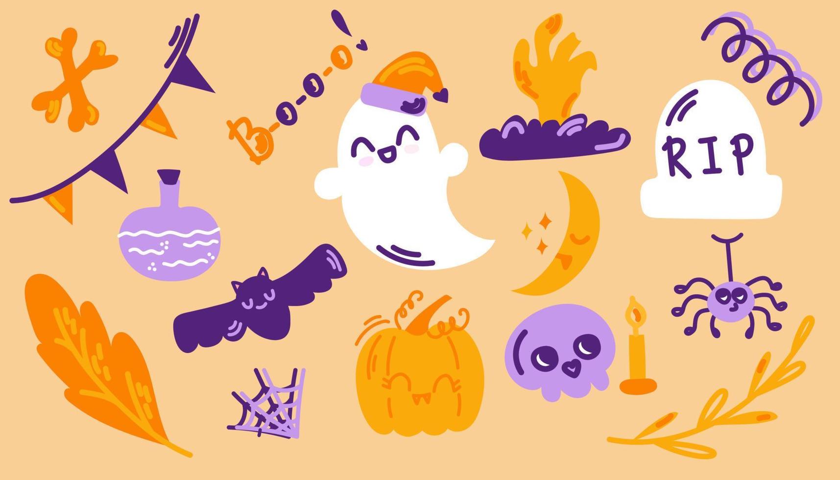 Halloween Flat Vector Set. Cute ghost, spider web, pumpkin, skull and autumn leaves