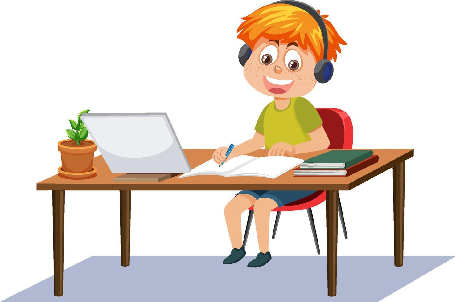 A boy studying online with tablet vector