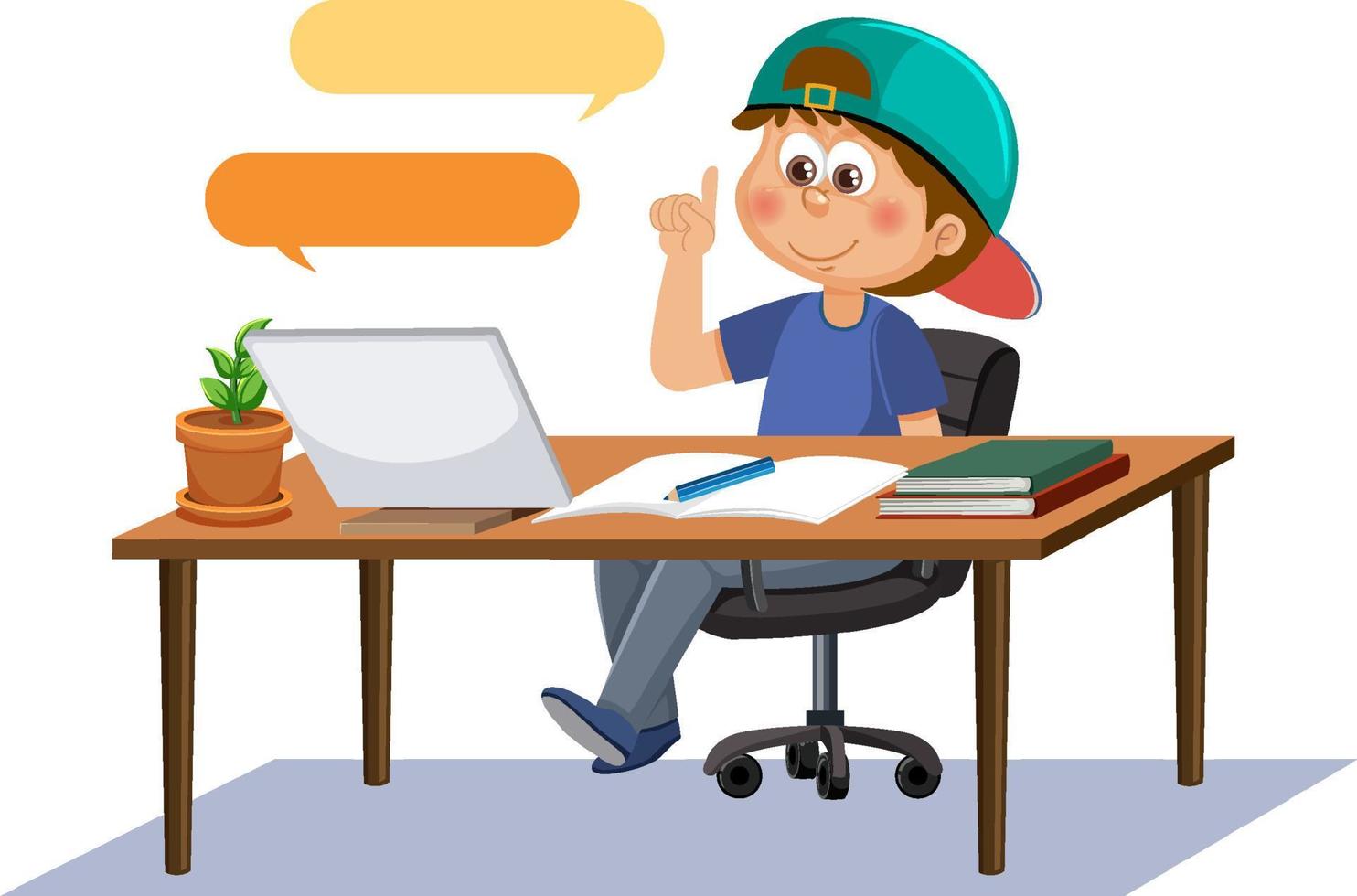 A boy studying online with tablet vector