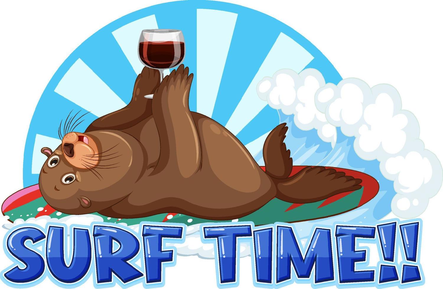 Sea lion carton character with surf time word vector