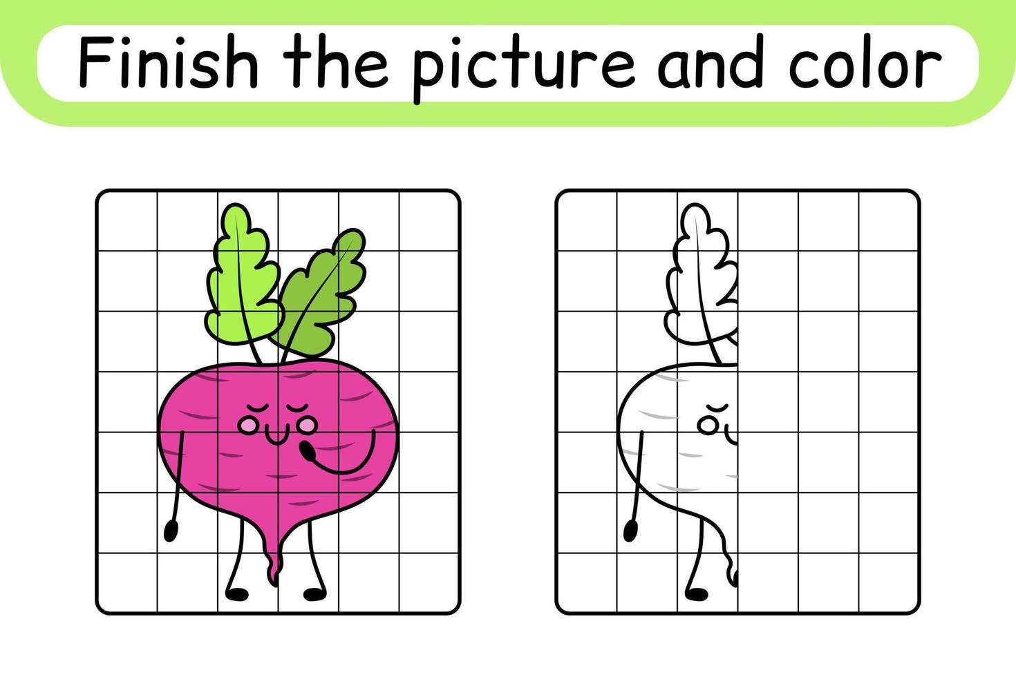 Complete the picture beetroot. Copy the picture and color. Finish the image. Coloring book. Educational drawing exercise game for children vector