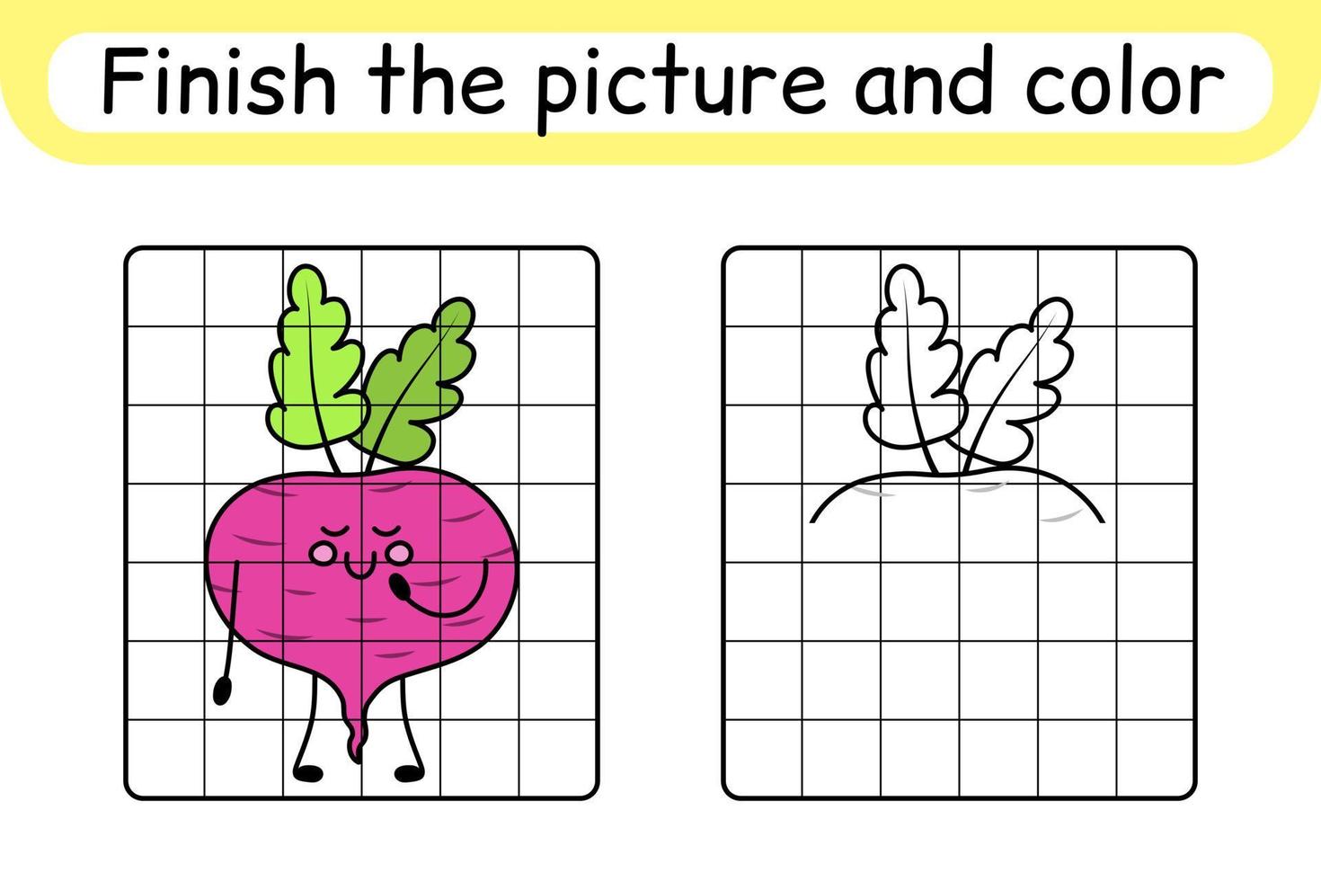 Complete the picture beetroot. Copy the picture and color. Finish the image. Coloring book. Educational drawing exercise game for children vector