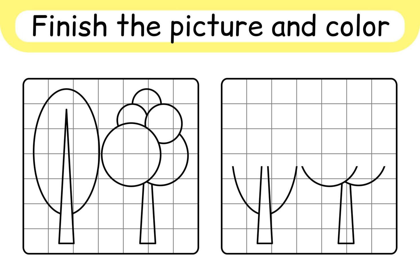 Complete the picture tree. Copy the picture and color. Finish the image. Coloring book. Educational drawing exercise game for children vector