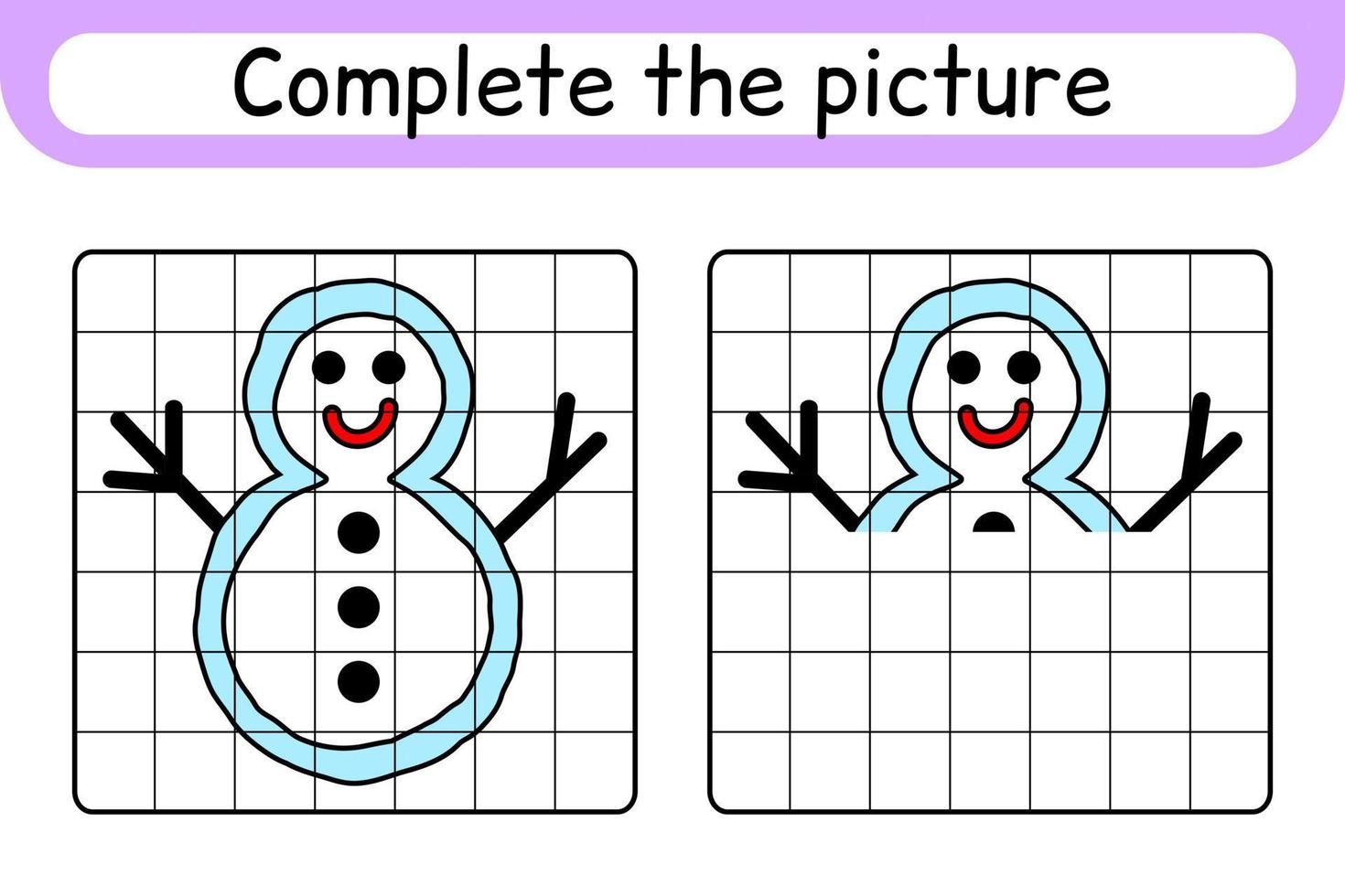 Complete the picture snowman. Copy the picture and color. Finish the image. Coloring book. Educational drawing exercise game for children vector