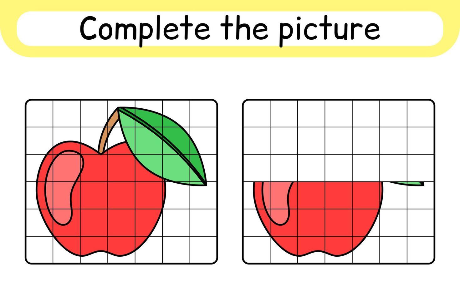 Complete the picture apple. Copy the picture and color. Finish the image. Coloring book. Educational drawing exercise game for children vector