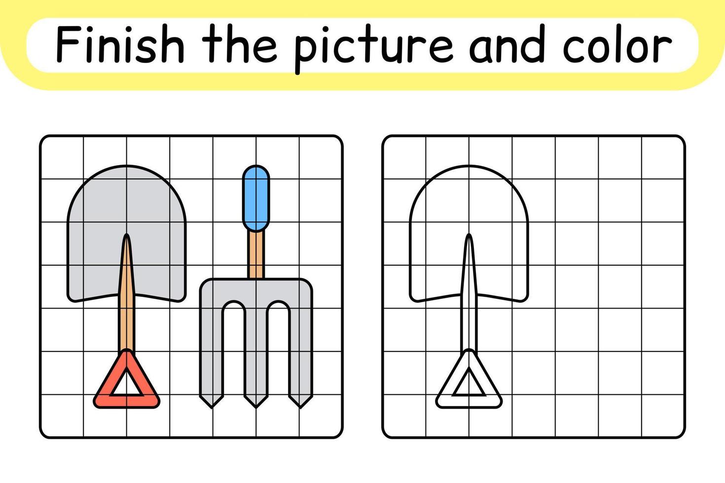 Complete the picture pitchfork and shovel. Copy the picture and color. Finish the image. Coloring book. Educational drawing exercise game for children vector