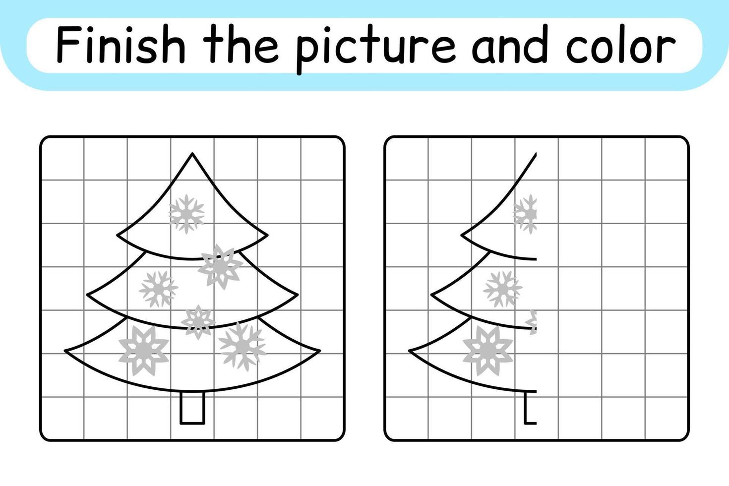 completa el cuadro árbol de navidad. copiar la imagen y el color. terminar la imagen. libro de colorear. juego educativo de ejercicios de dibujo para niños vector