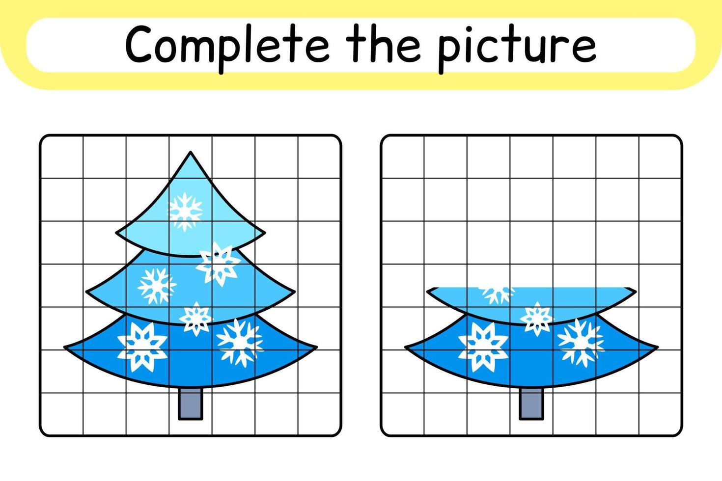 Complete the picture christmas tree. Copy the picture and color. Finish the image. Coloring book. Educational drawing exercise game for children vector