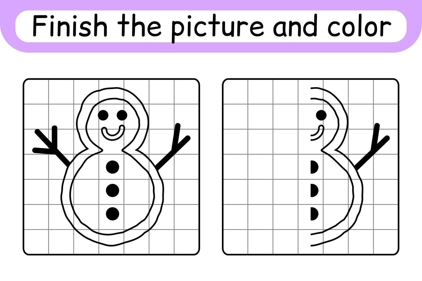 Complete the picture snowman. Copy the picture and color. Finish the image. Coloring book. Educational drawing exercise game for children vector