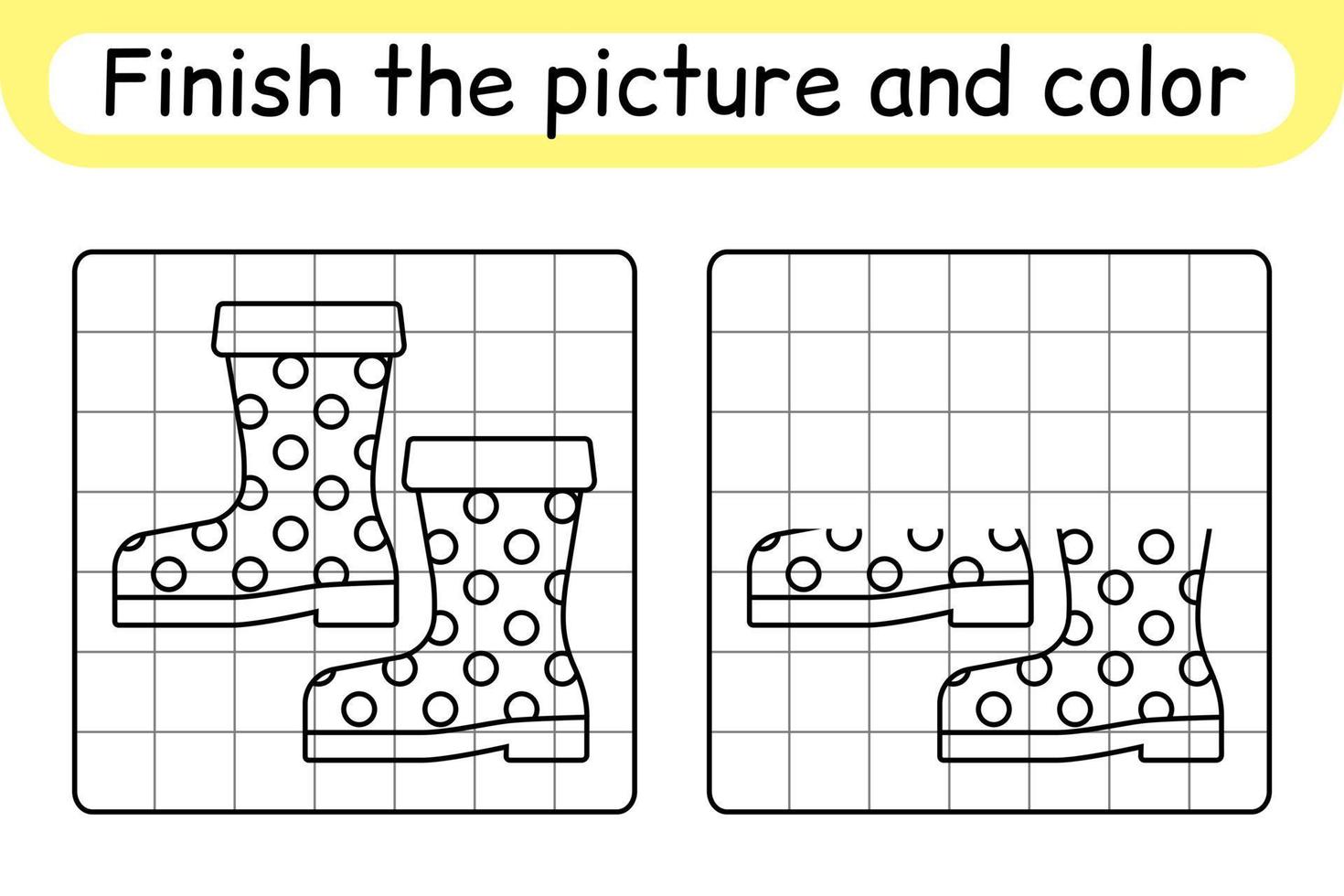 Complete the picture boots. Copy the picture and color. Finish the image. Coloring book. Educational drawing exercise game for children vector