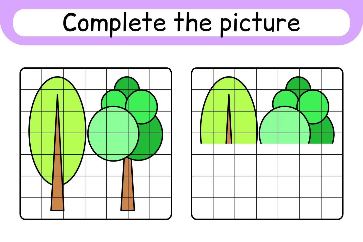 completa el árbol de imágenes. copiar la imagen y el color. terminar la imagen. libro de colorear. juego educativo de ejercicios de dibujo para niños vector