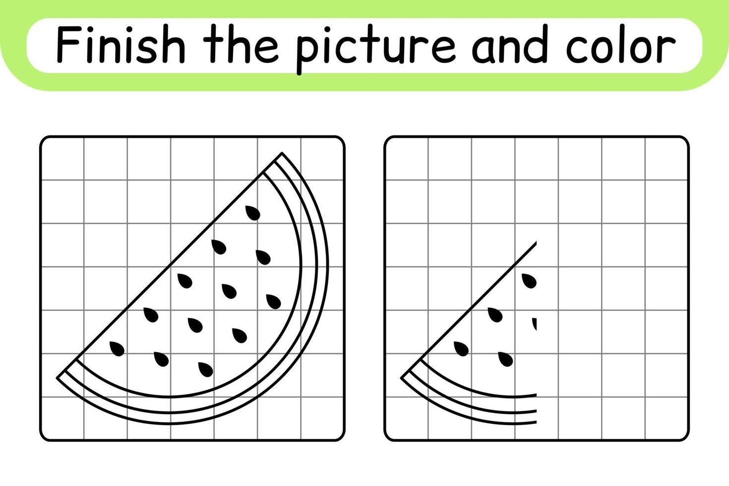 Complete the picture watermelon. Copy the picture and color. Finish the image. Coloring book. Educational drawing exercise game for children vector