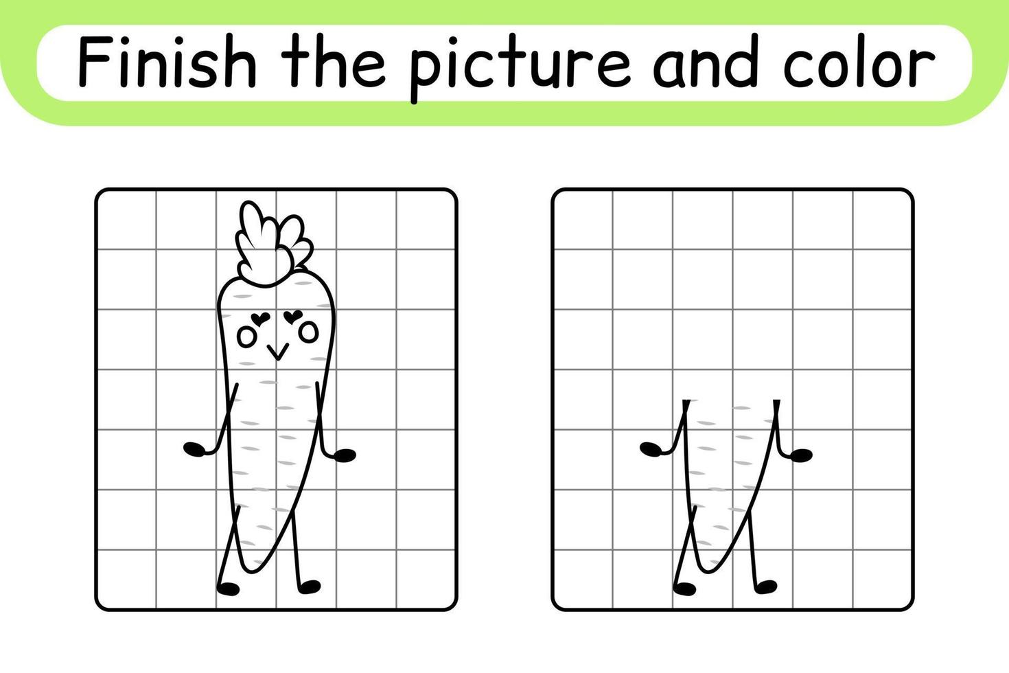 Complete the picture carrot. Copy the picture and color. Finish the image. Coloring book. Educational drawing exercise game for children vector