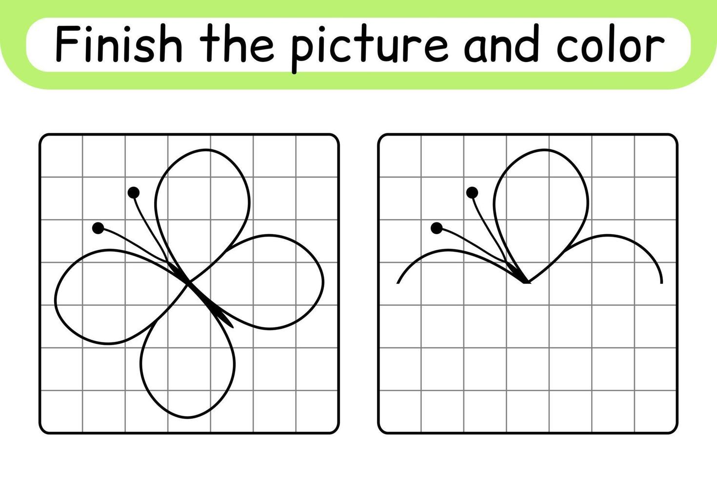 Complete the picture butterfly. Copy the picture and color. Finish the image. Coloring book. Educational drawing exercise game for children vector