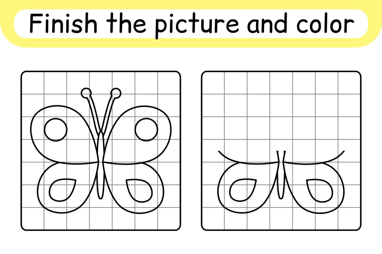 Completa la imagen de la mariposa. copiar la imagen y el color. terminar la imagen. libro de colorear. juego educativo de ejercicios de dibujo para niños vector