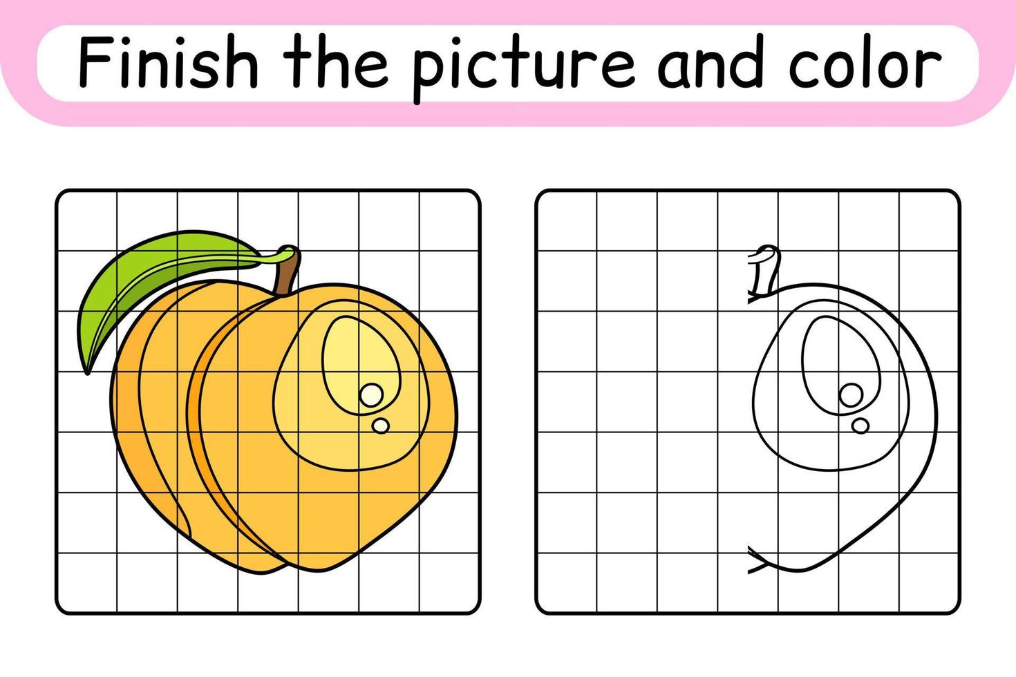 Complete the picture peach. Copy the picture and color. Finish the image. Coloring book. Educational drawing exercise game for children vector