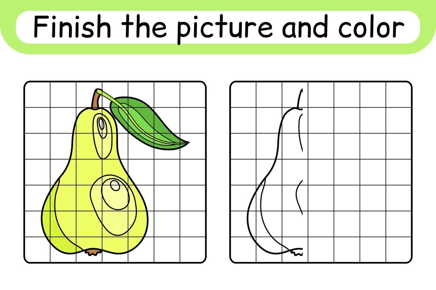 Complete the picture pear. Copy the picture and color. Finish the image. Coloring book. Educational drawing exercise game for children vector