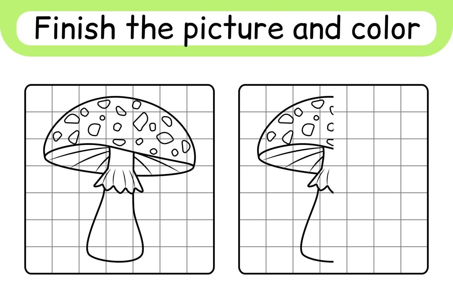 Complete the picture mushroom amanita. Copy the picture and color. Finish the image. Coloring book. Educational drawing exercise game for children vector