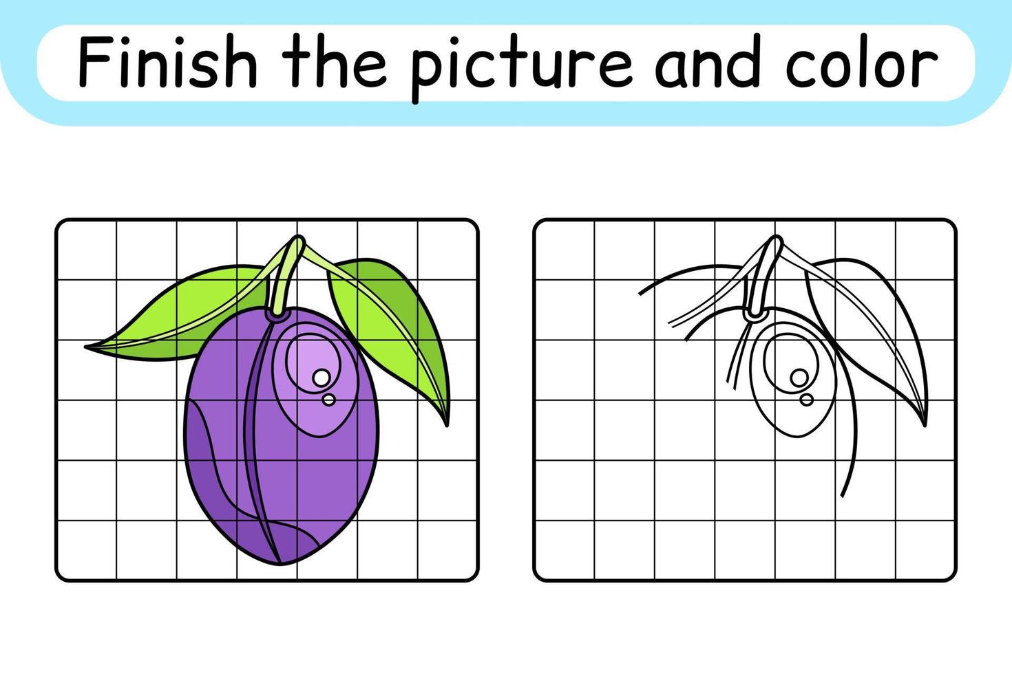 Complete the picture plum. Copy the picture and color. Finish the image. Coloring book. Educational drawing exercise game for children vector