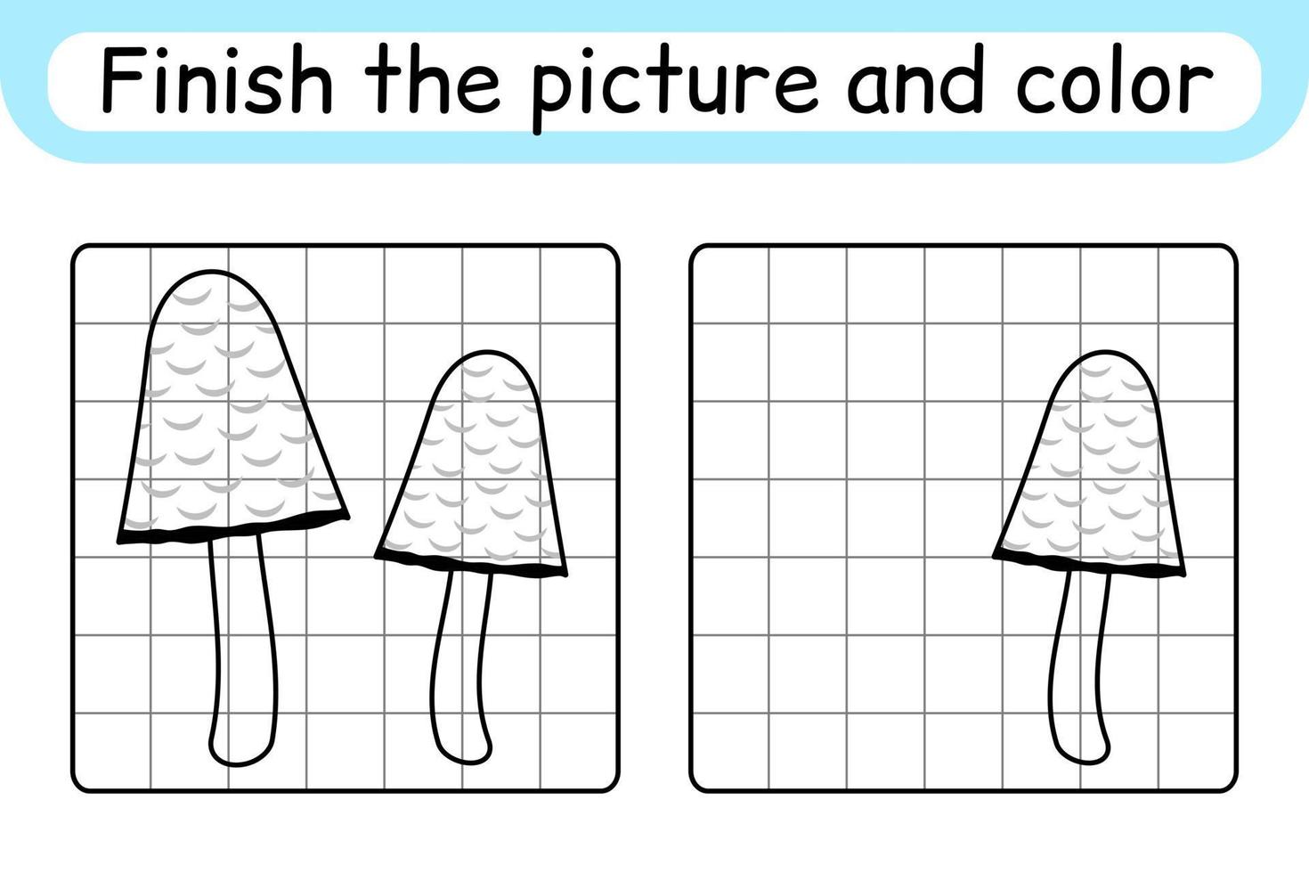 Complete the picture mushroom coprinus. Copy the picture and color. Finish the image. Coloring book. Educational drawing exercise game for children vector