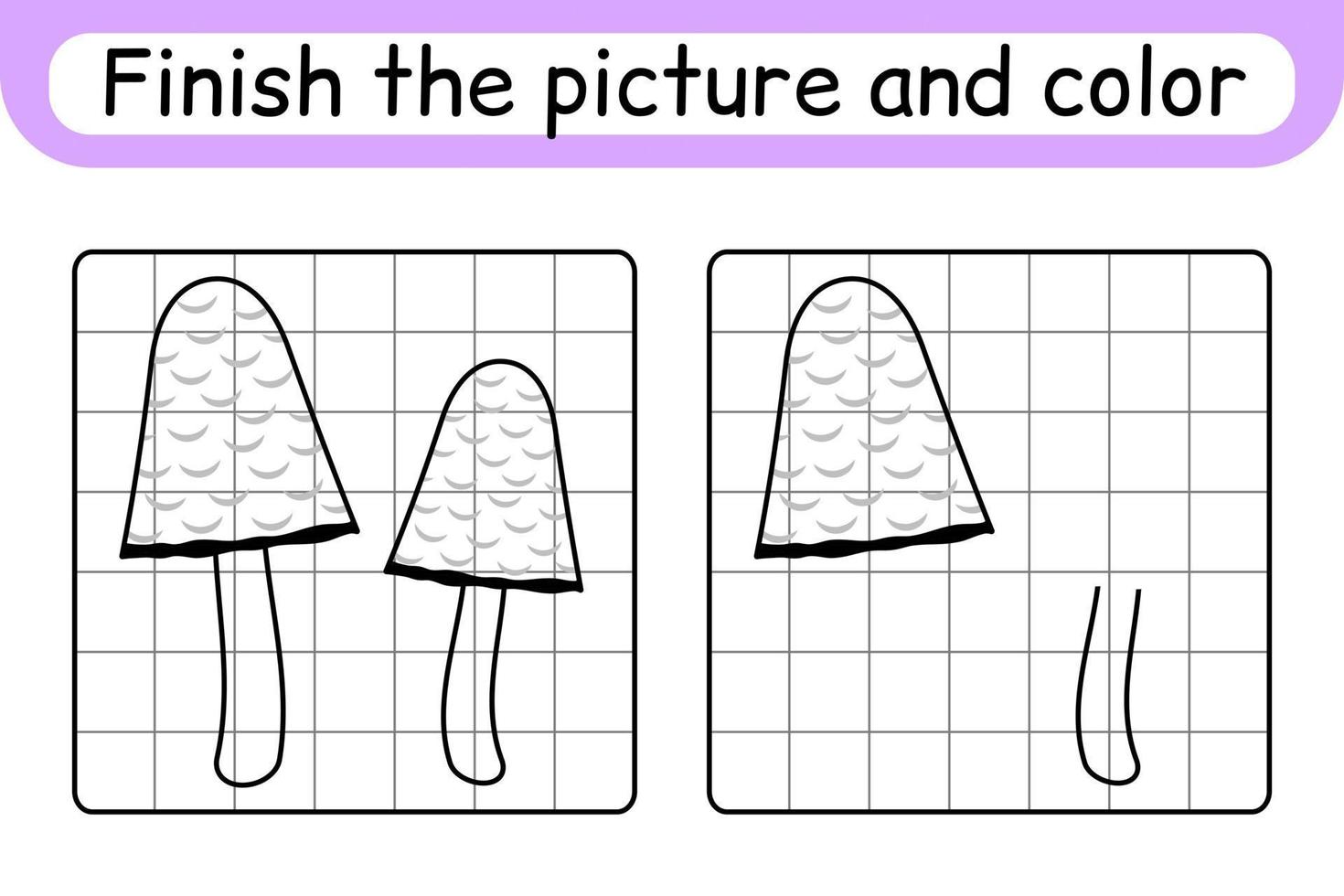 completa el cuadro seta coprinus. copiar la imagen y el color. terminar la imagen. libro de colorear. juego educativo de ejercicios de dibujo para niños vector