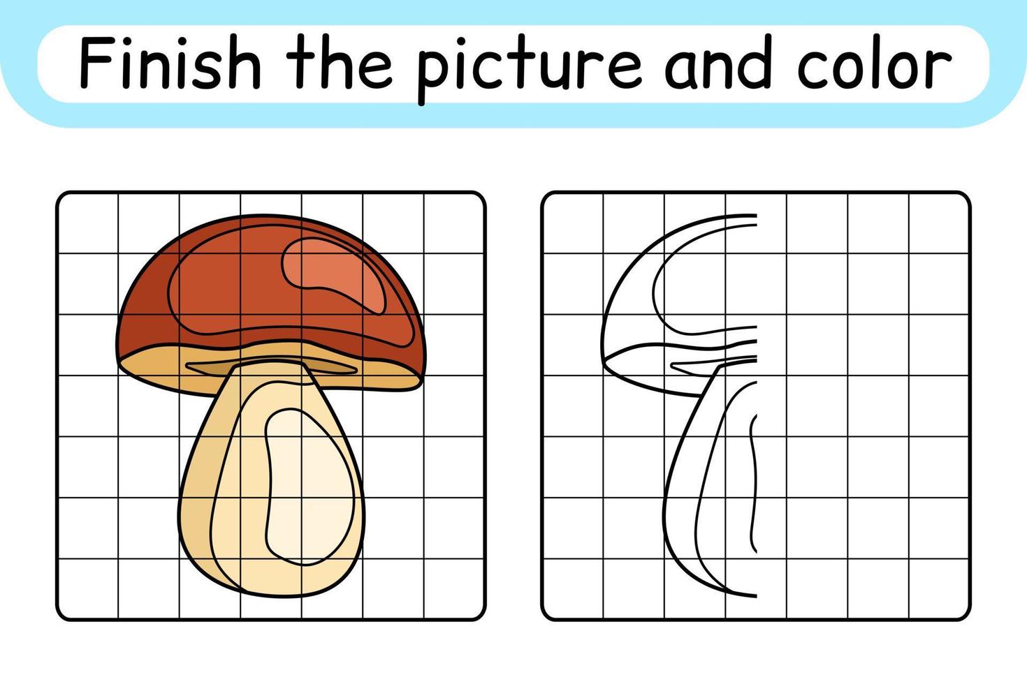 Complete the picture mushroom boletus. Copy the picture and color. Finish the image. Coloring book. Educational drawing exercise game for children vector