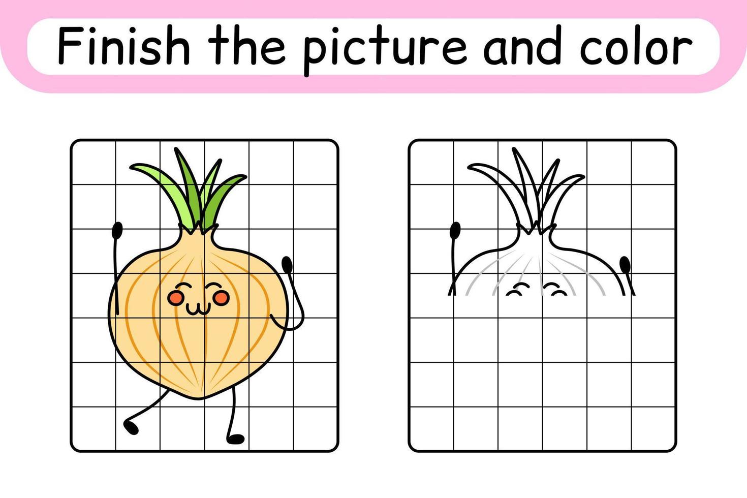 Complete the picture onion. Copy the picture and color. Finish the image. Coloring book. Educational drawing exercise game for children vector