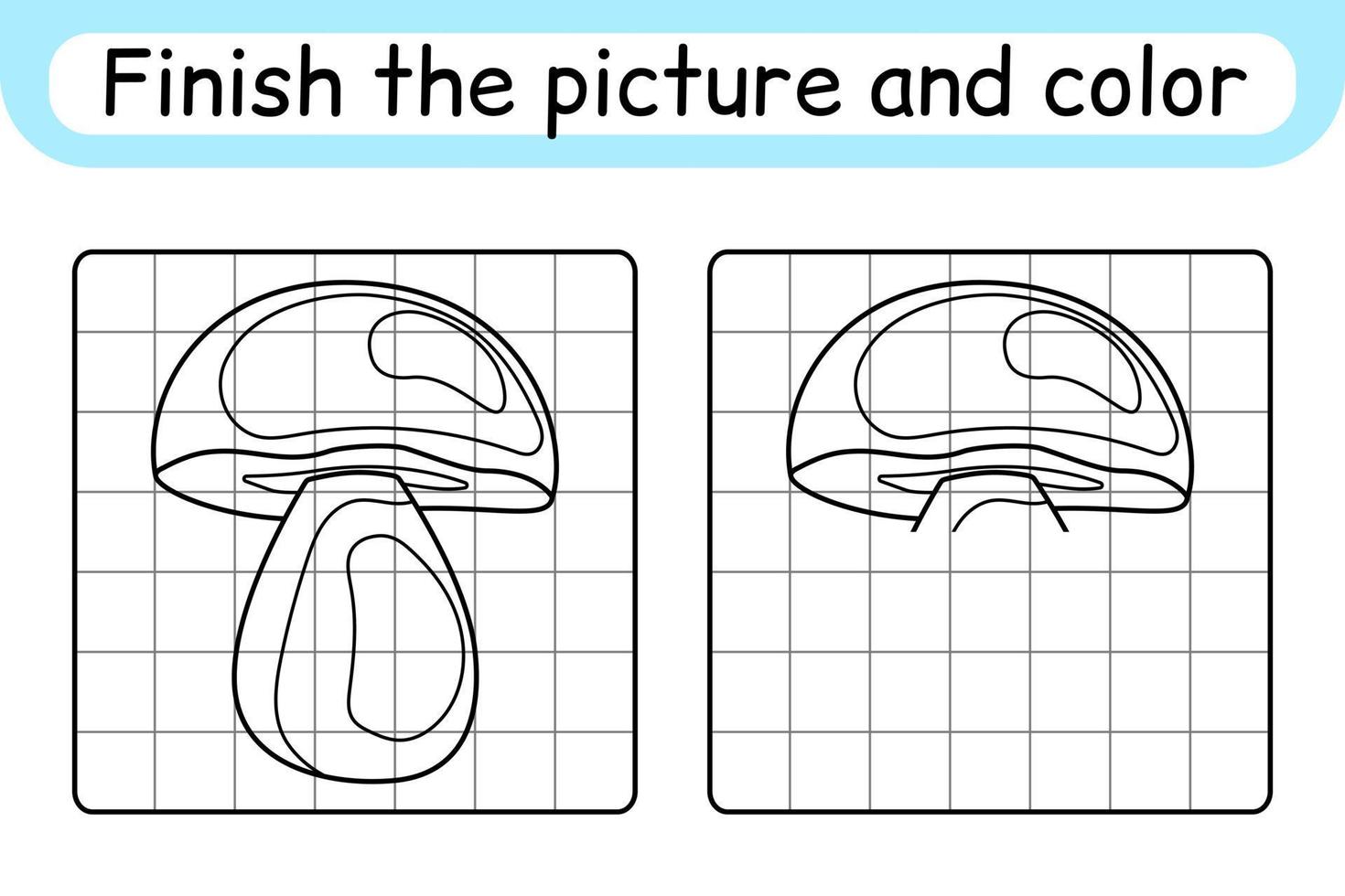 Complete the picture mushroom boletus. Copy the picture and color. Finish the image. Coloring book. Educational drawing exercise game for children vector