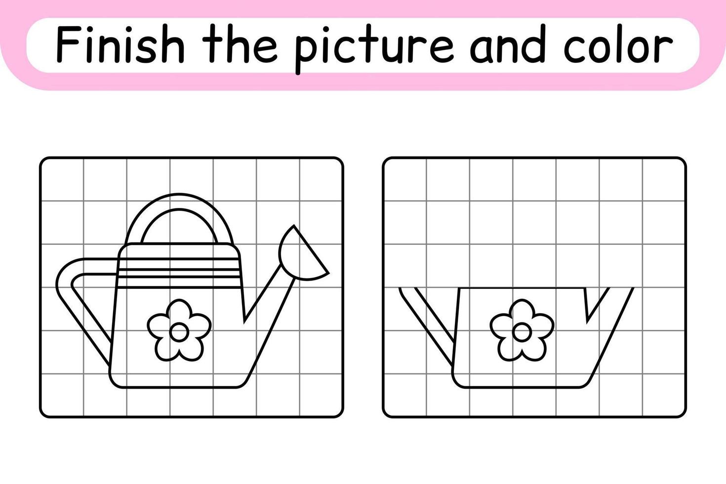 Complete the picture watering can. Copy the picture and color. Finish the image. Coloring book. Educational drawing exercise game for children vector