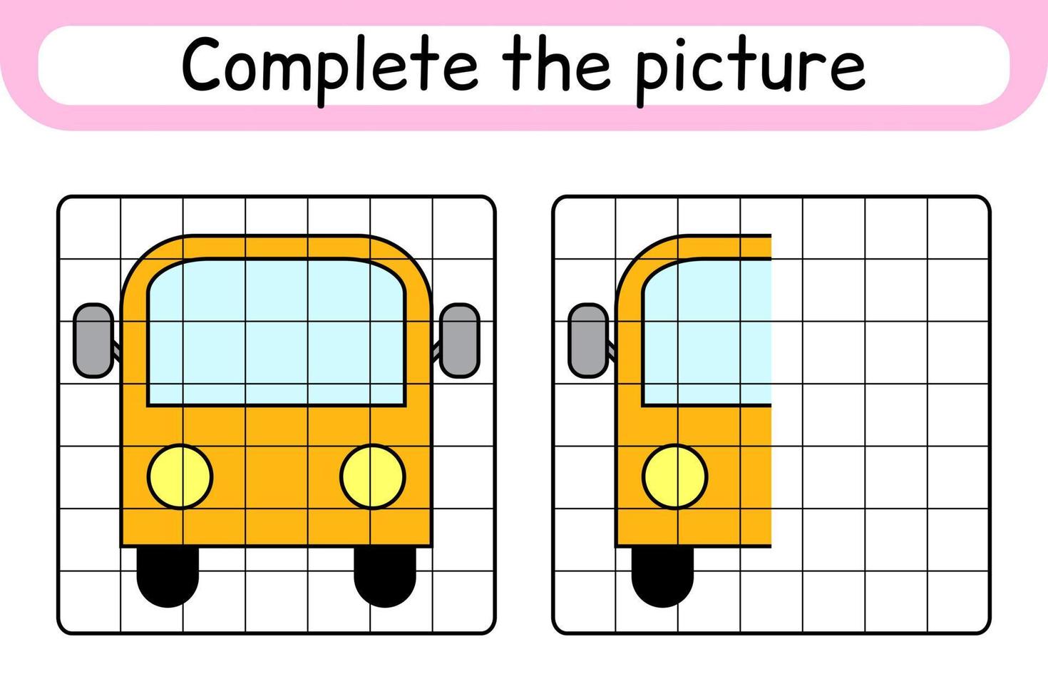 Complete the picture bus. Copy the picture and color. Finish the image. Coloring book. Educational drawing exercise game for children vector